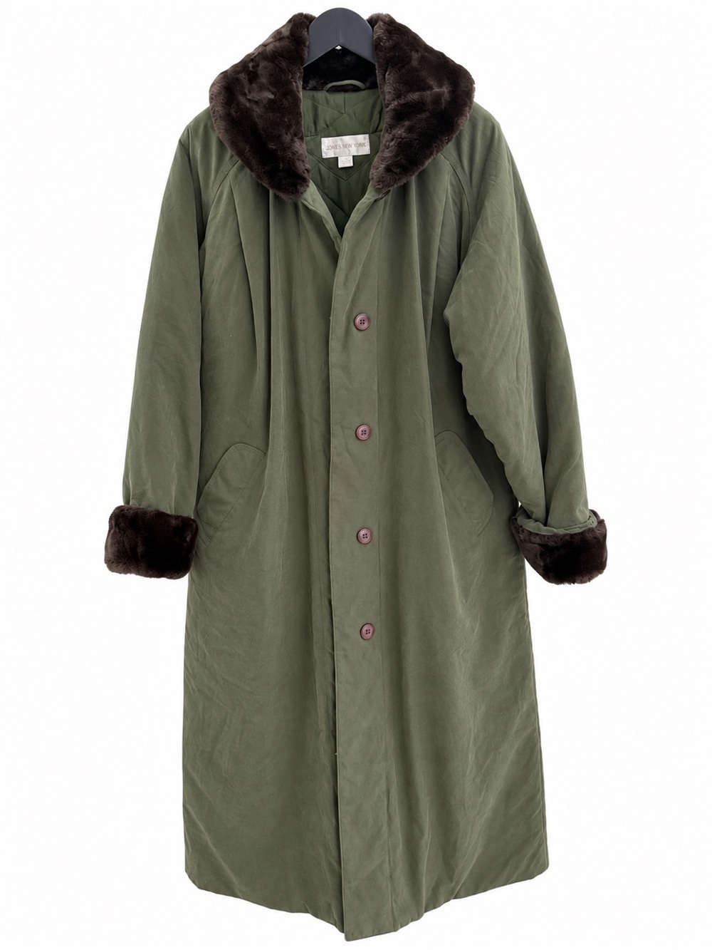 Jones New York Olive Faux Fur Maxi Coat Y2K Style Small Faux Fur